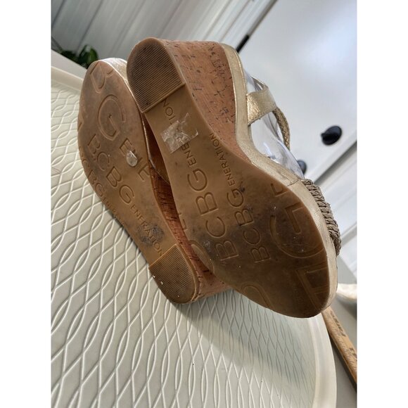 BCBGeneration Callista Wedge Sandals Size 9 Braided Strap Open Toe Gold Bohemian - Picture 7 of 12